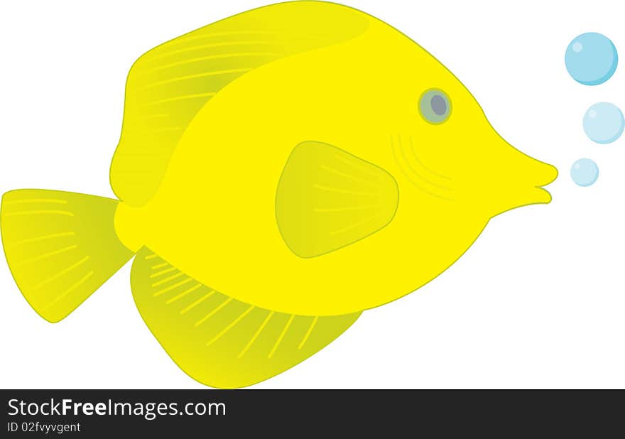 This is a illustration of a yellow tang fish swimming happily in the warm water.