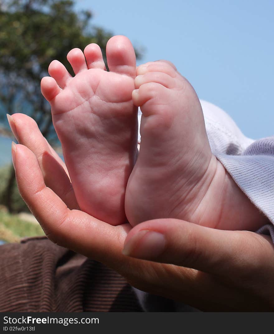 Little feet in the mother's hands