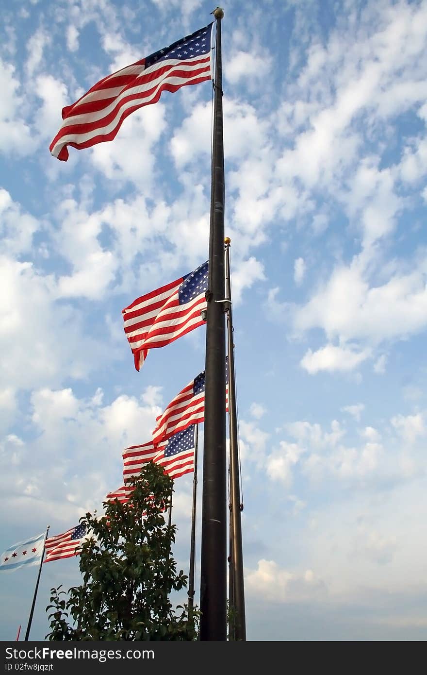 American flags unfurled at the Navy Pier in Chicago