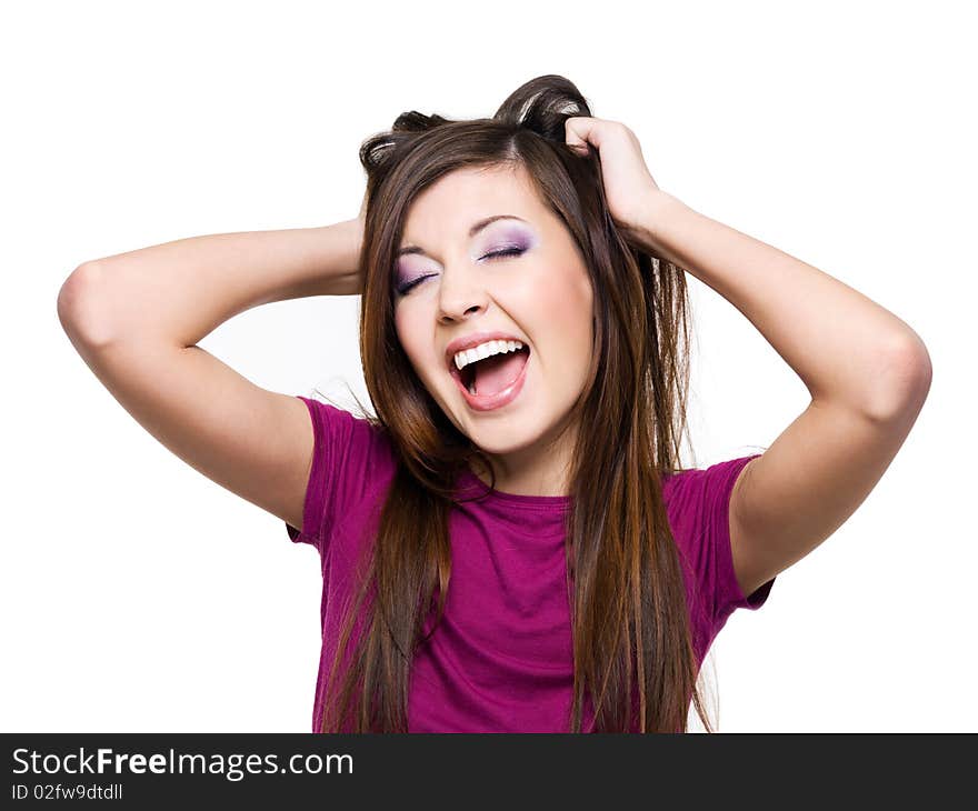 Portrait of an young screaming woman - isolated on white. Portrait of an young screaming woman - isolated on white