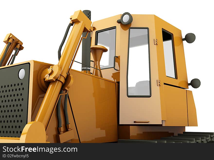 Orange dirty bulldozer isolated on whiite background. Closeup view