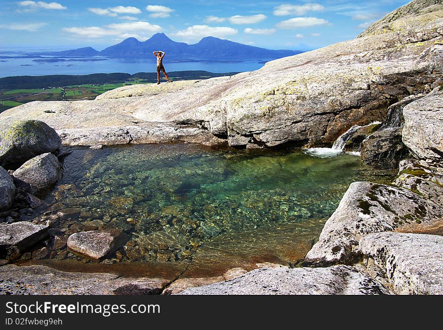 Picturesque Norway landscape with women.