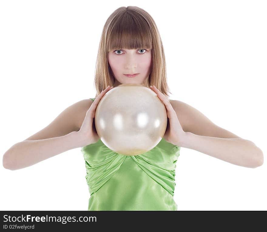 Beautiful woman with gold sphere in hand