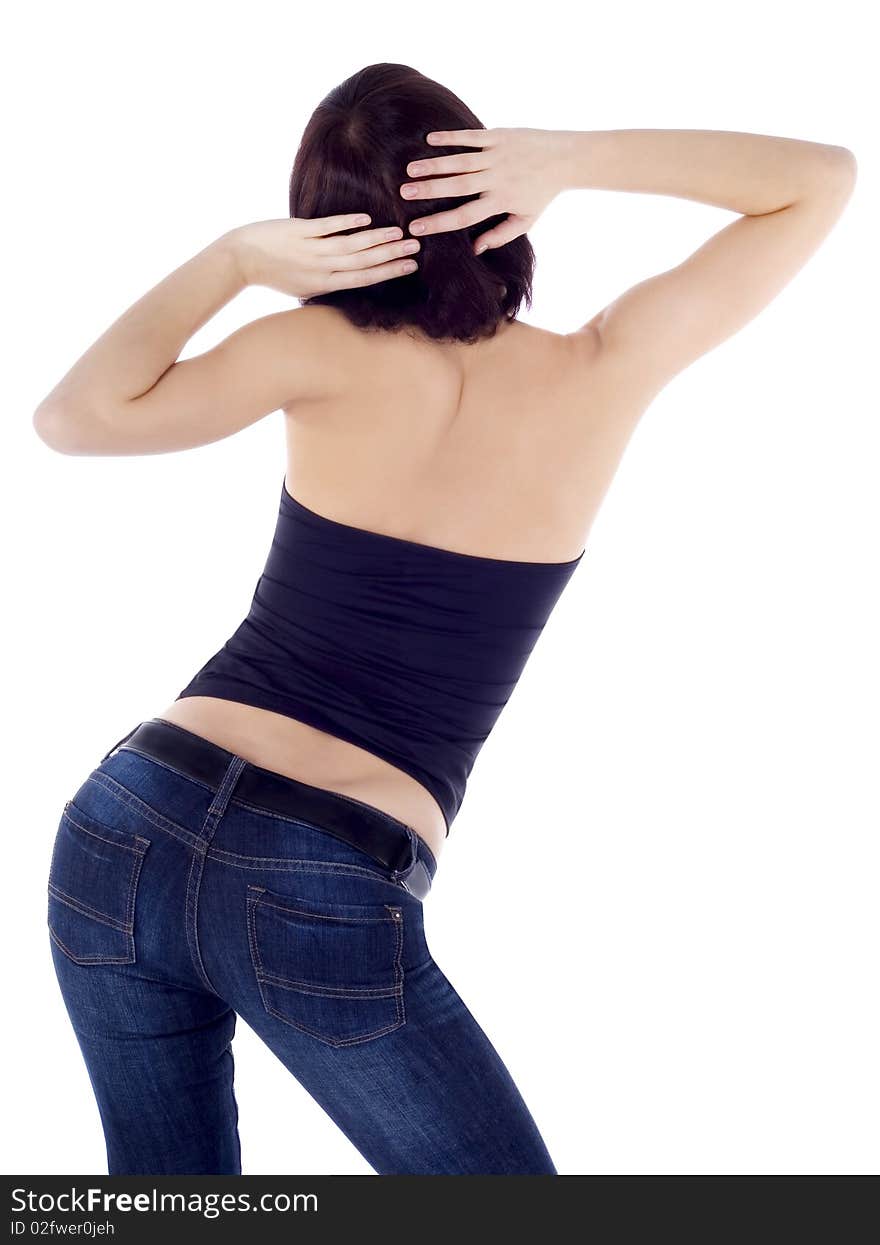 Picture of sexy backside brunette over white background. Picture of sexy backside brunette over white background