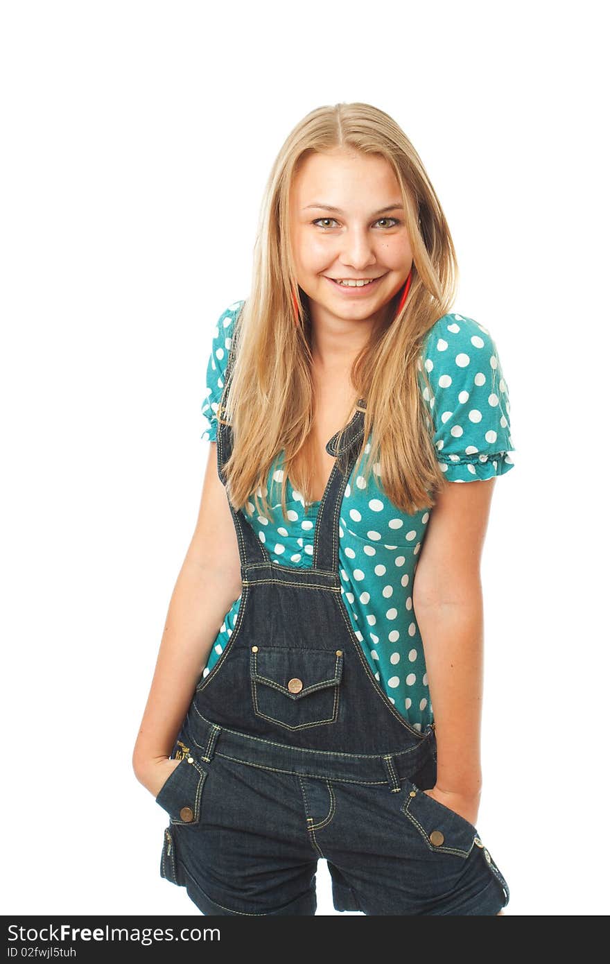 The young positive girl isolated on a white background