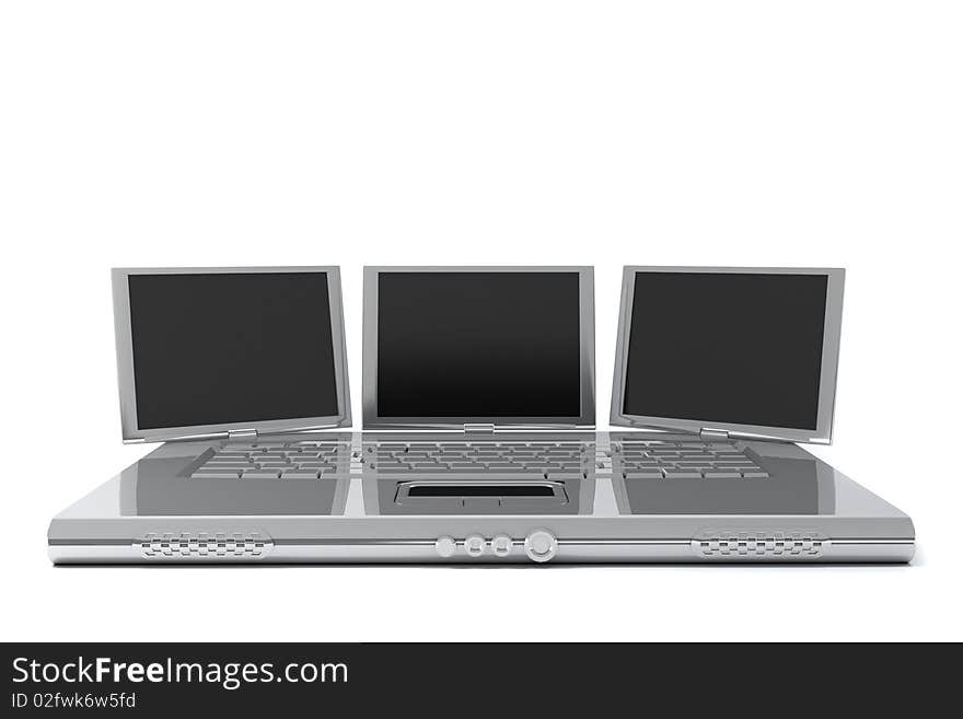 Laptop with three screens. Isolated. Concept render. Laptop with three screens. Isolated. Concept render