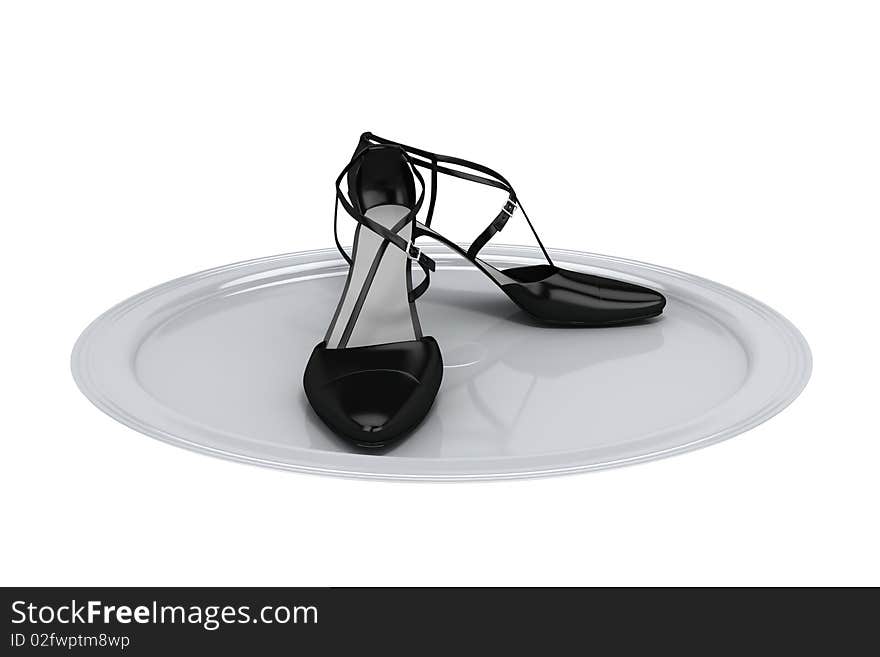 Two white female's shoes isolated on white reflect plate