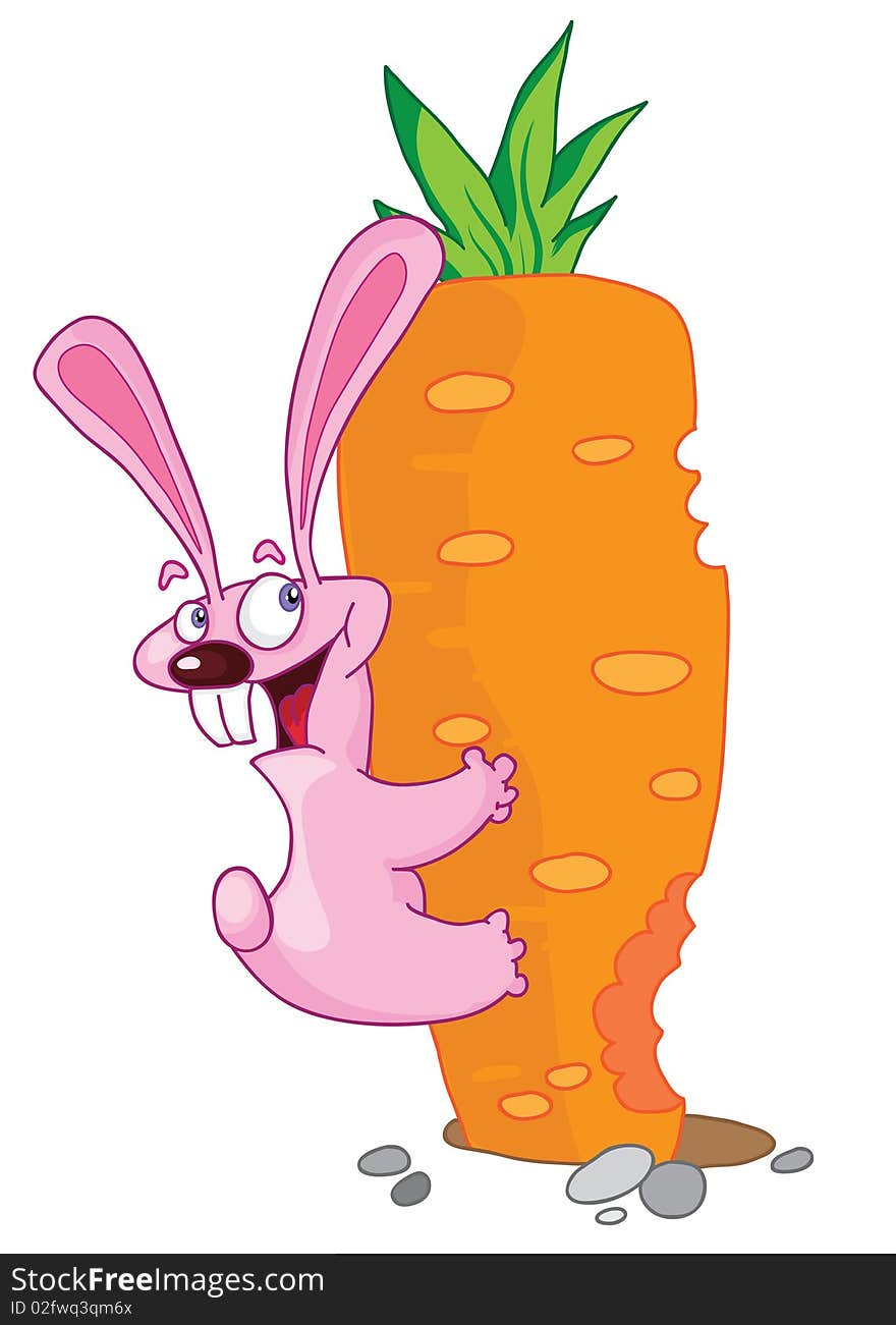 Smiling pink rabbit with the big carrot. Smiling pink rabbit with the big carrot