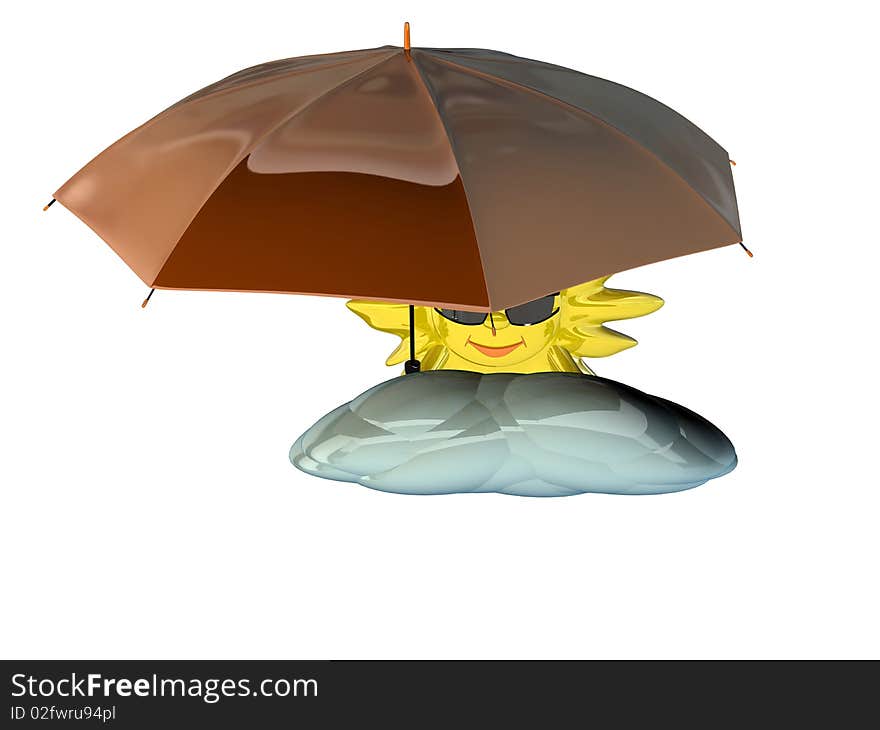 Cartoon sun in glasses with umbrella isolated on white background. Sun hid behind a cloud. Cartoon sun in glasses with umbrella isolated on white background. Sun hid behind a cloud