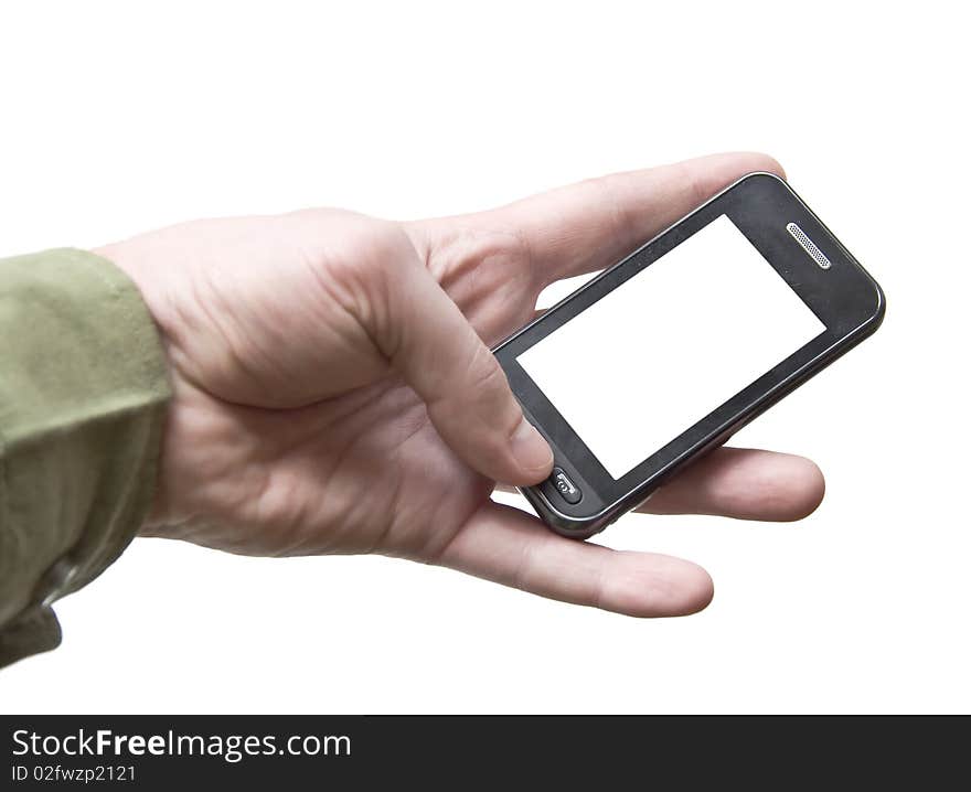 The hand holding a cell phone touchscreen. White background. White screen of the device. Isolation.