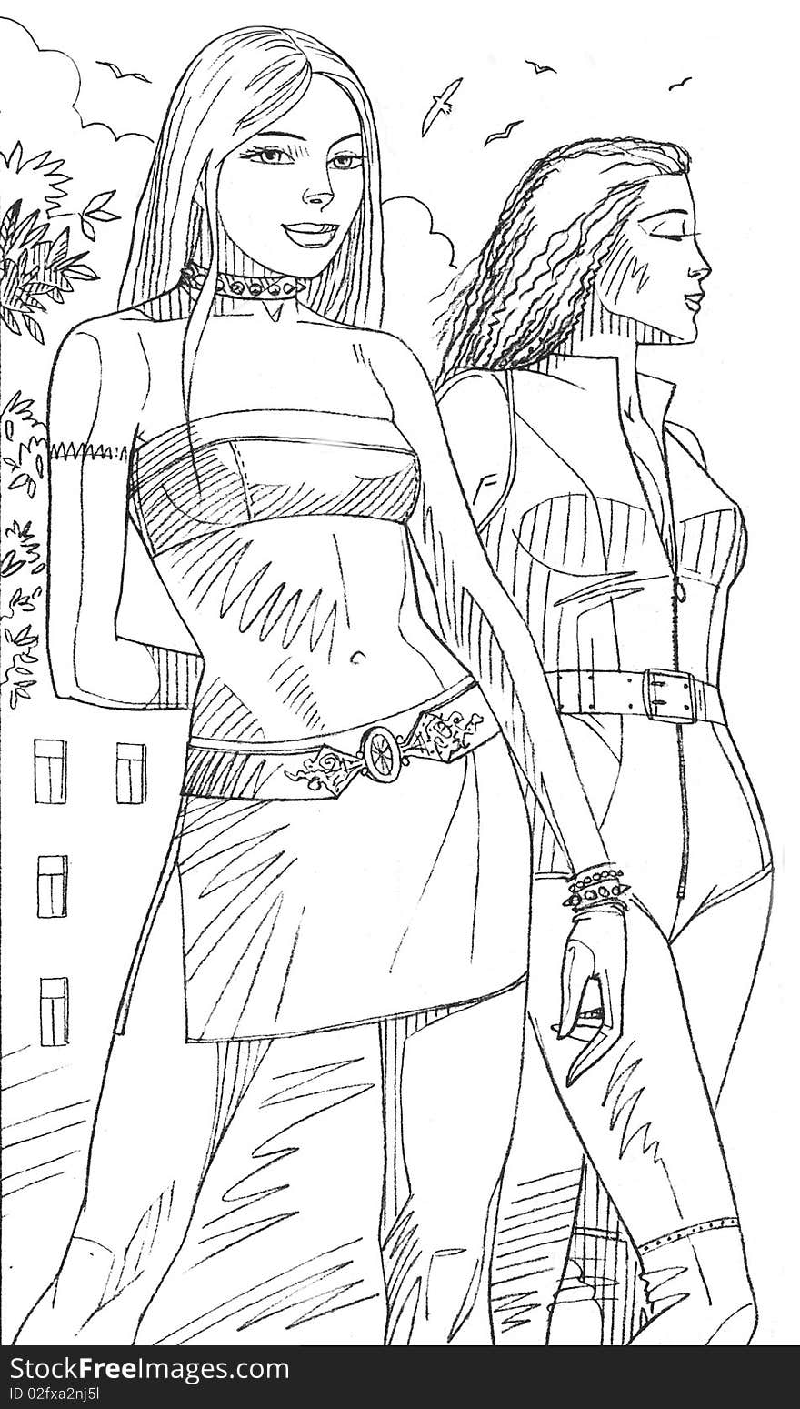 Two young girls and south evening, country town, vacation, recreation, pencil drawing