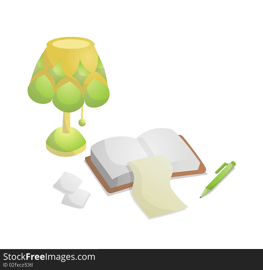 On a white background is the green lamp. Under the lamp is an open book. On a white background is the green lamp. Under the lamp is an open book.