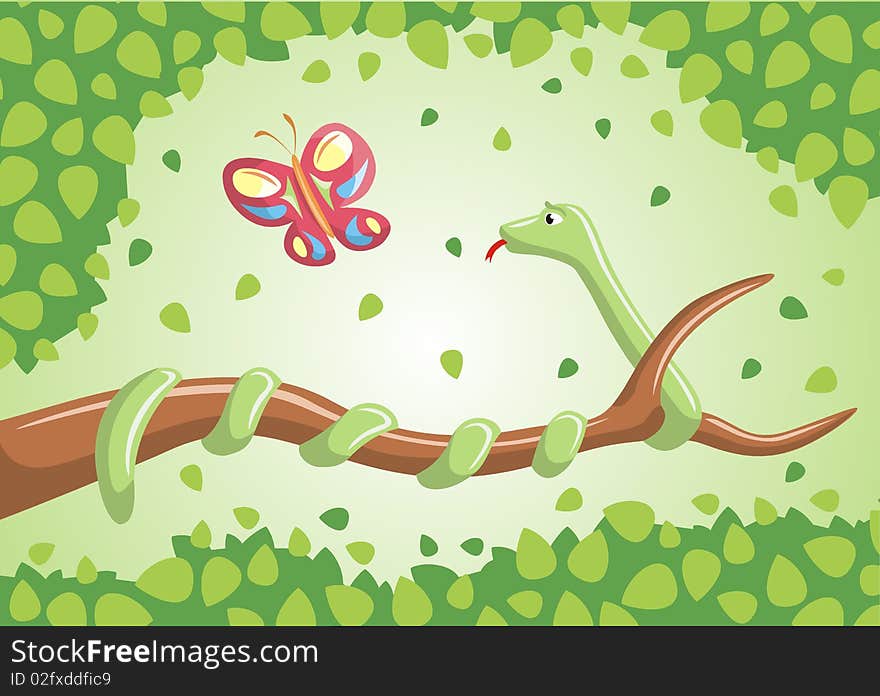 Snake coiled around a branch and can not catch a butterfly. Snake coiled around a branch and can not catch a butterfly.