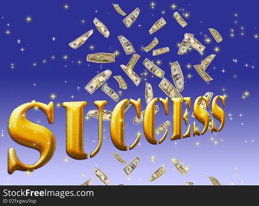 Golden success text. background of falling dollars and sparkling stars.