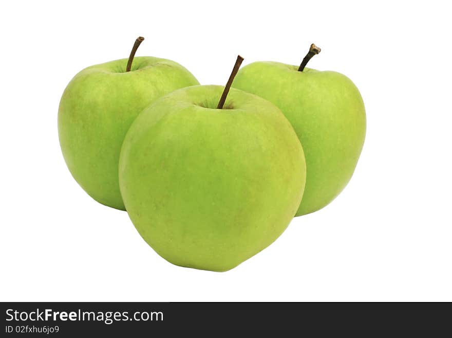 Three juicy green apples on a white background