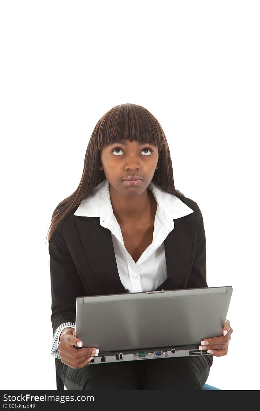 Young black female with laptop looking up for help