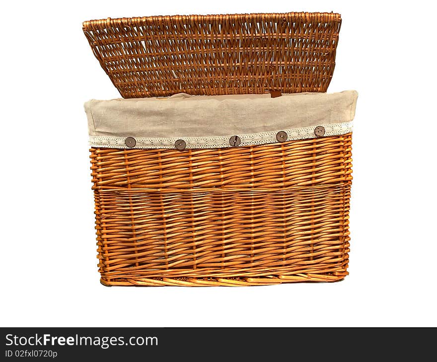 A wicker laundry basket isolated on white