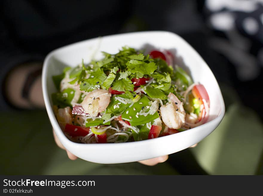 Prawn and snap pea salad with rice noodles