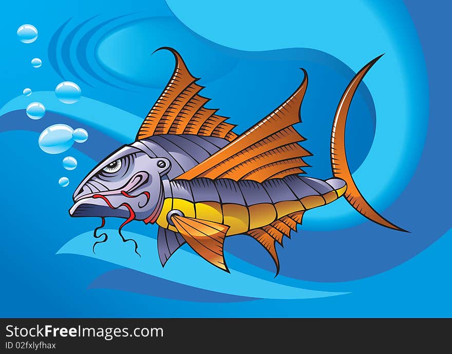 Mechanical robot fish, ocean background, vector illustration. Mechanical robot fish, ocean background, vector illustration