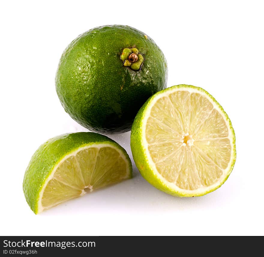 Lime Whole Half and Quarter on Isolated White Background