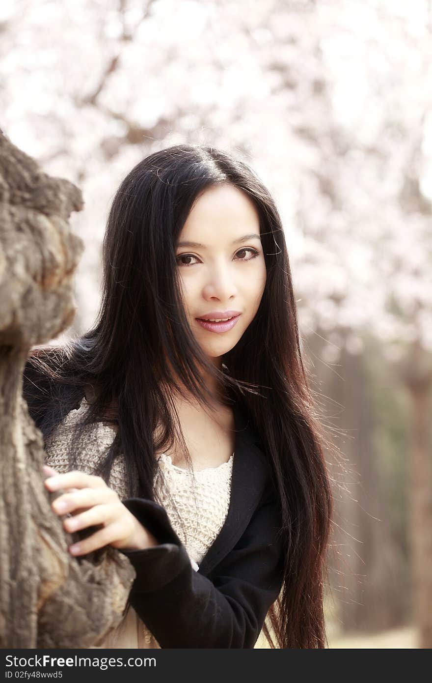 Beautiful Asian girl outdoors portrait spring. She is smiling under the oriental cherry tree. Beautiful Asian girl outdoors portrait spring. She is smiling under the oriental cherry tree.