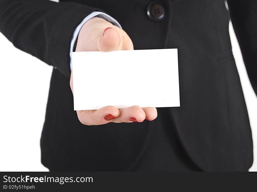 Women with blank business card. Women with blank business card