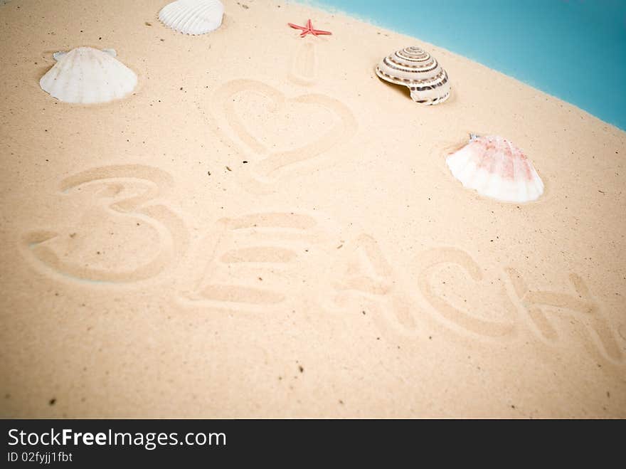 Beach handwritten in sand and seashells