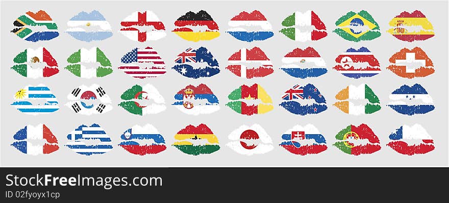 National flags of countries starting with south africa in lip shape with no additional effect