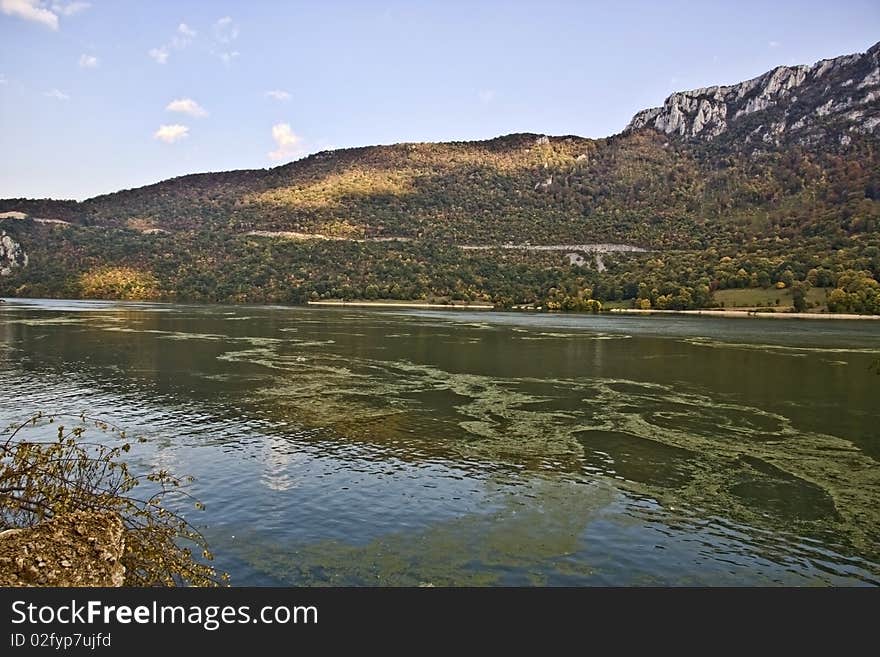 A Danube and mountain landscape. A Danube and mountain landscape