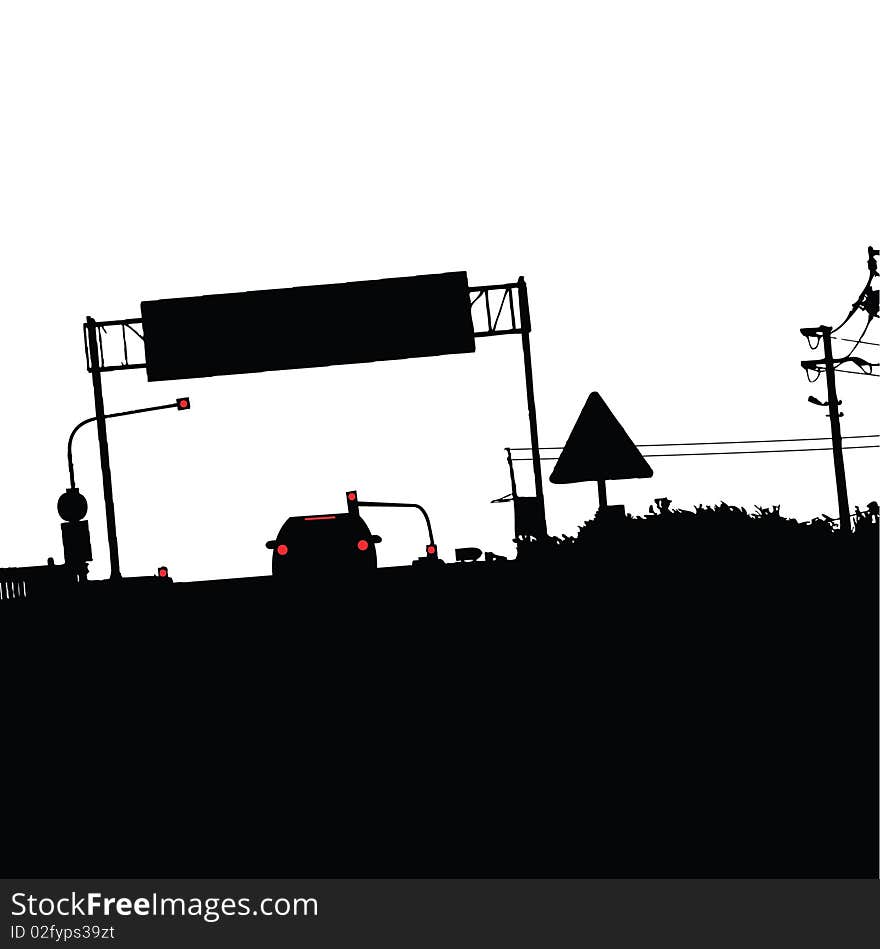 Black and white illustration of a car on the road