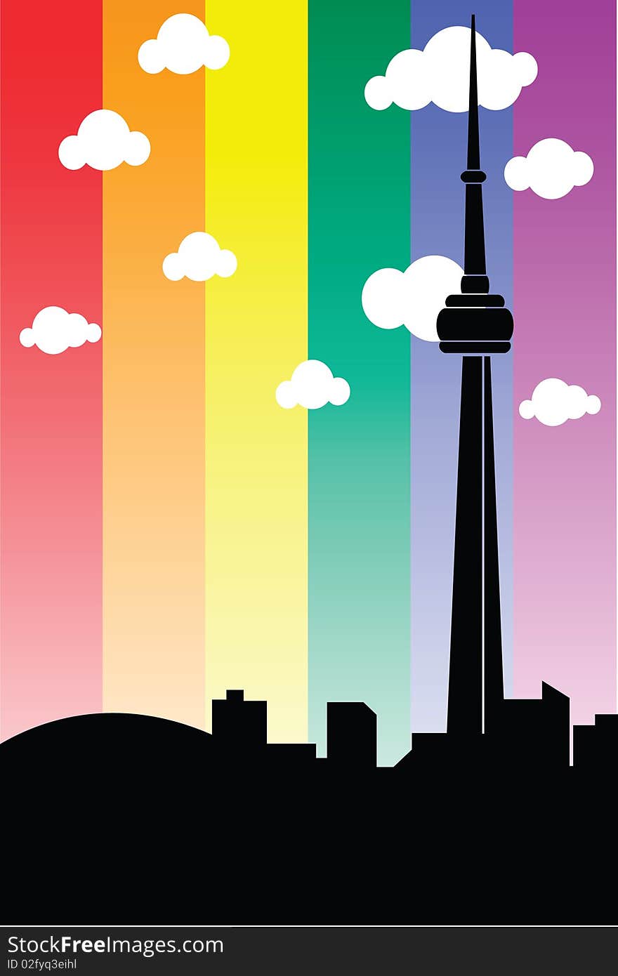 Silhouette of cn tower on a rainbow flag. Silhouette of cn tower on a rainbow flag