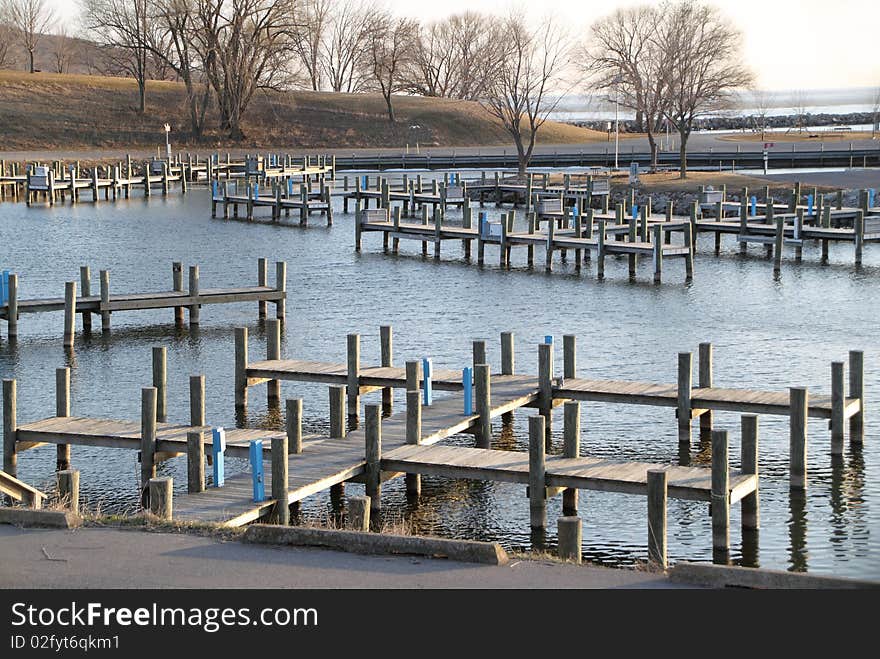 Lots of docks and piers sit empty awaiting boating season.