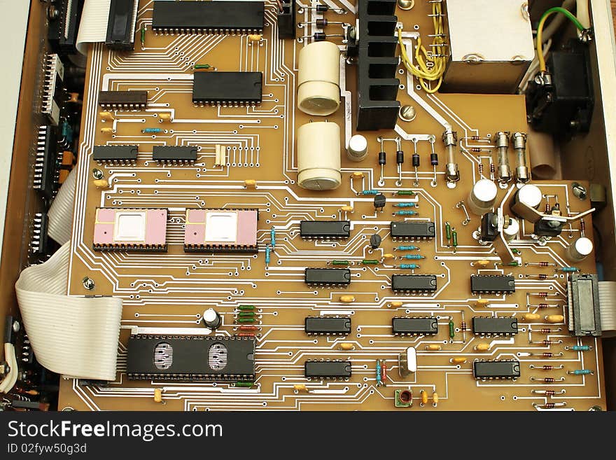 Part of an electronic circuit. View of the chip. Close-up.