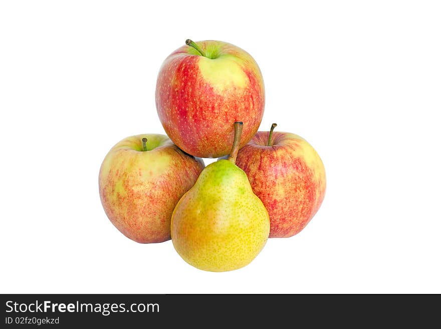 Three apples and pears, isolated on a white background.