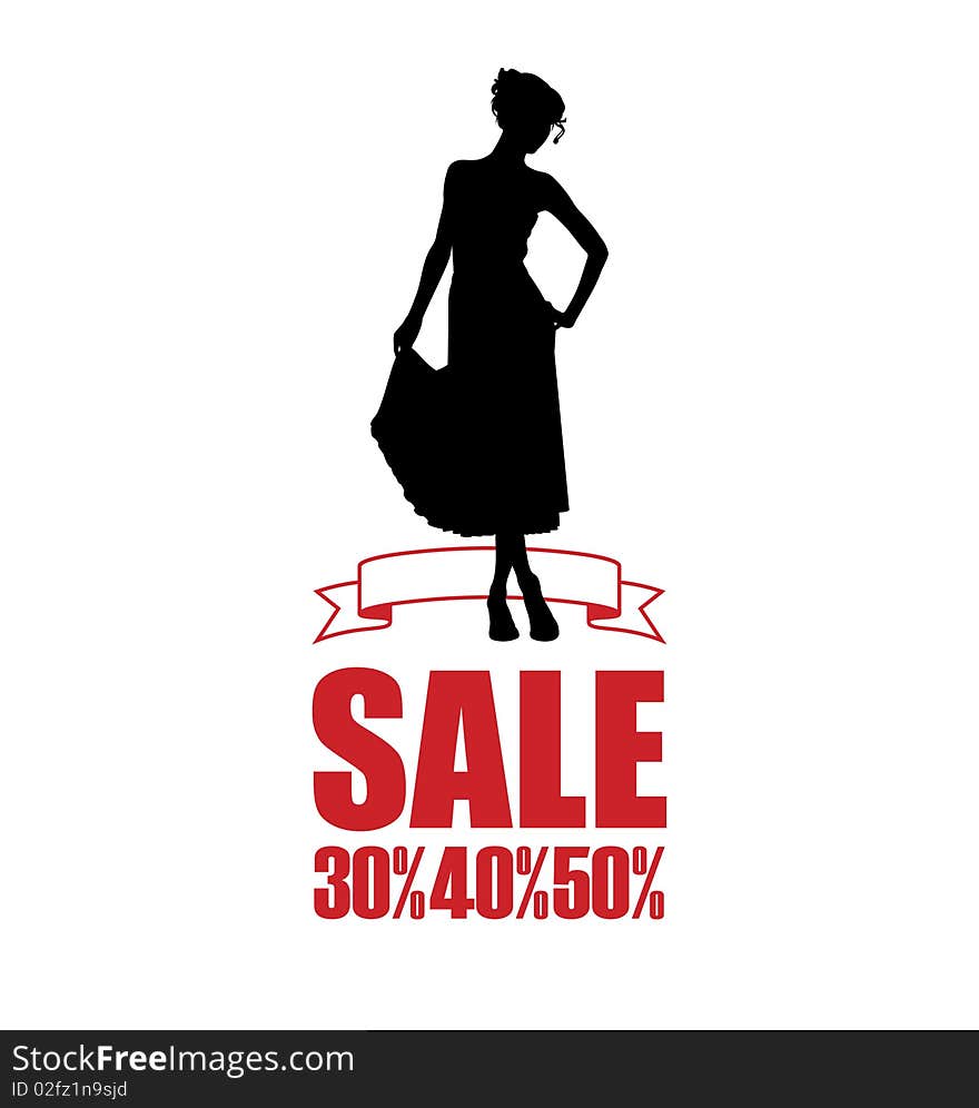 Arrangement with the female silhouette. A woman wearing a dress. Below is the inscription SALE. Arrangement with the female silhouette. A woman wearing a dress. Below is the inscription SALE.