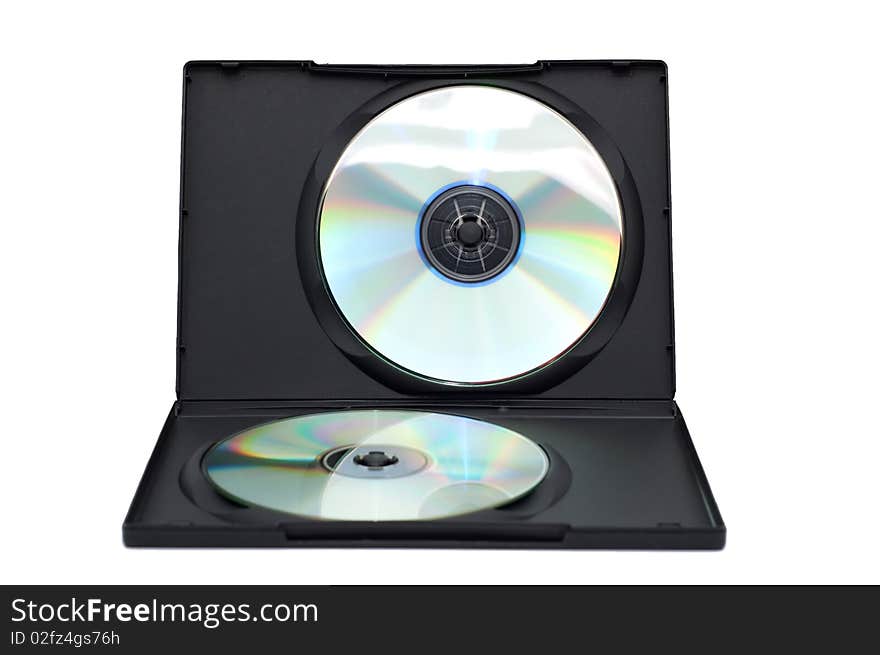 Open box with disks isolated on a white.