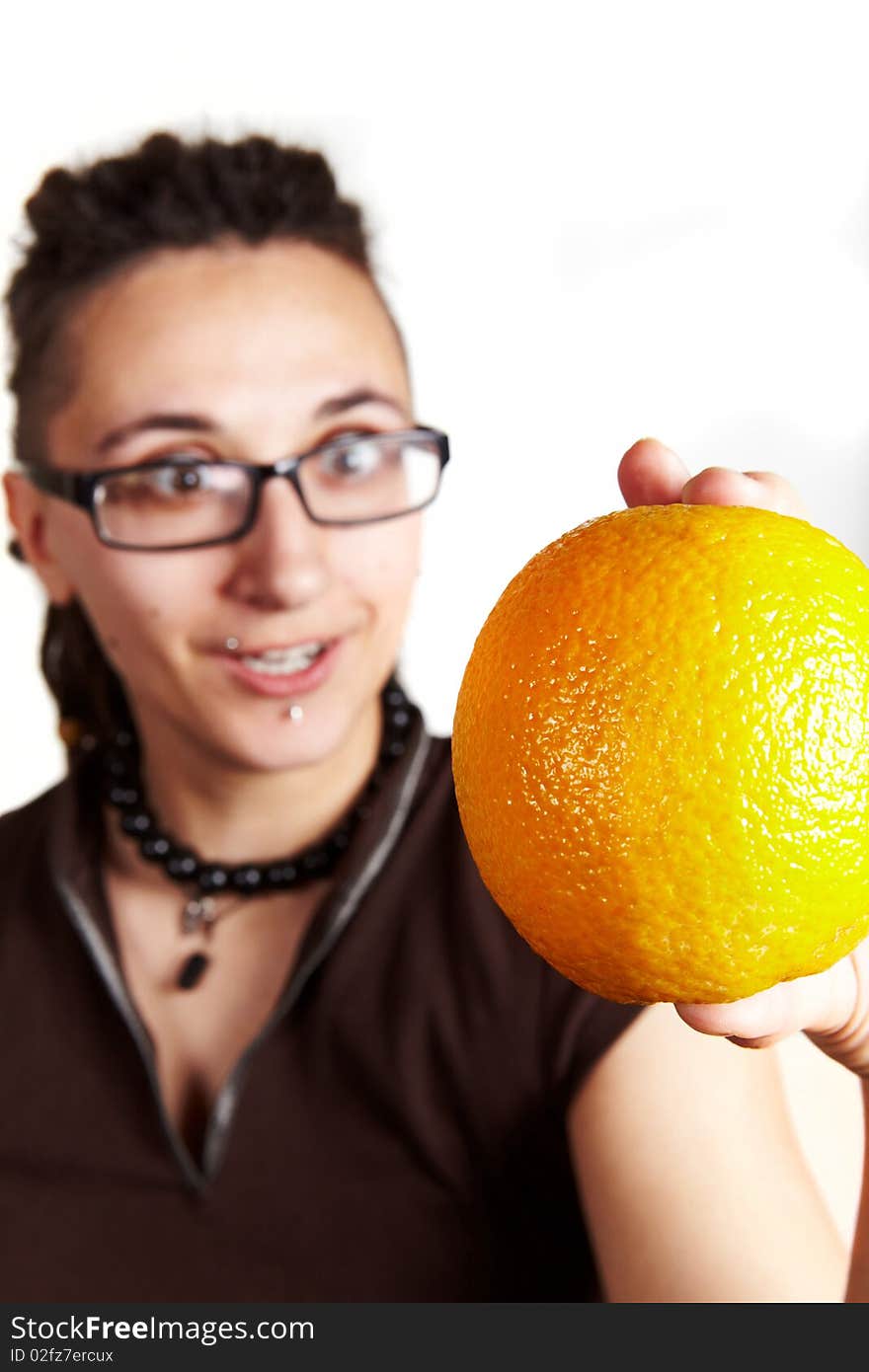 Girl with dreadlocks looking on orange, isolated. Girl with dreadlocks looking on orange, isolated