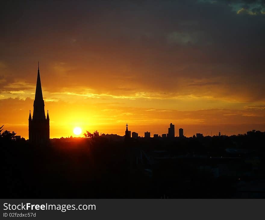 Melbourne sunset with church and big city. Melbourne sunset with church and big city