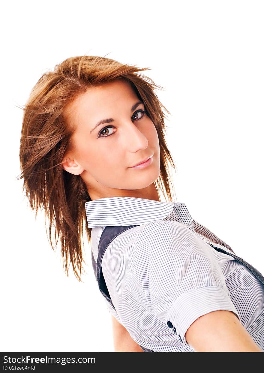 Young woman in shirt over white background