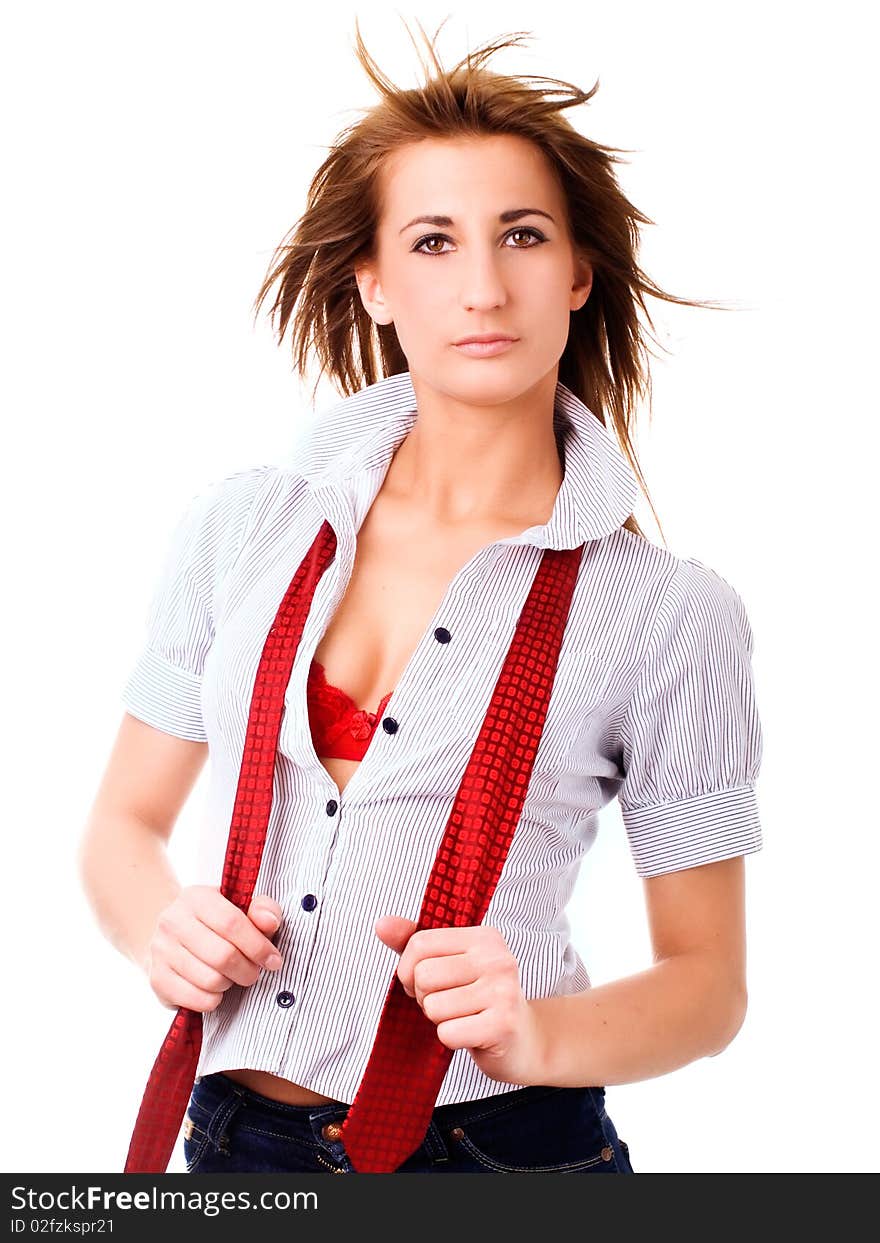 Sexy woman with tie over white