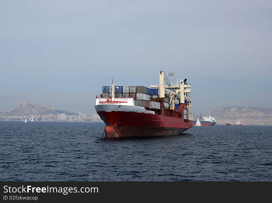 Container ship anchored in Alicante Bay