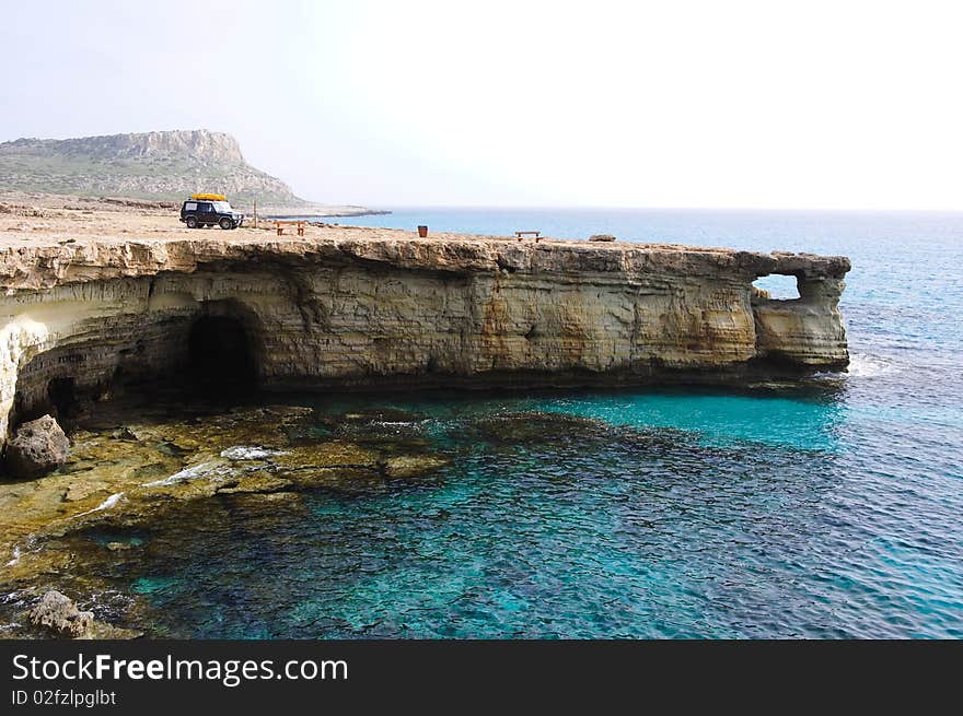 Sea caves near Cape Greko. Mediterranean Sea. Sea caves near Cape Greko. Mediterranean Sea.