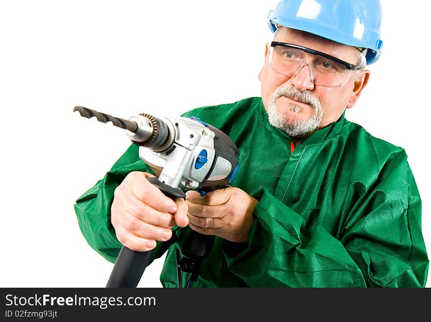 Construction worker holding the electric hand drill. Construction worker holding the electric hand drill