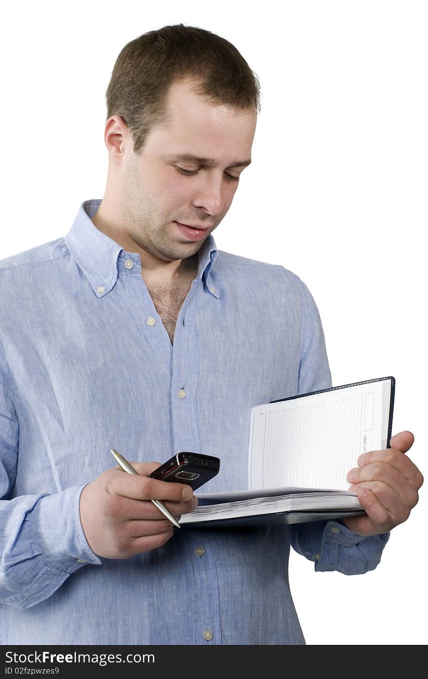 Young businessman with phone - isolated