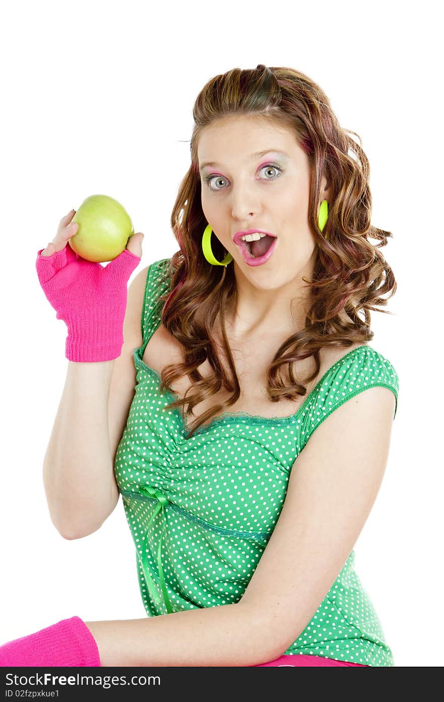 Portrait of young woman with green apple. Portrait of young woman with green apple