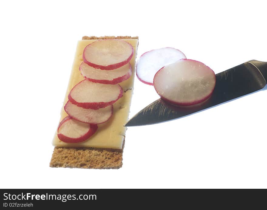 Bread crisps whith cheese and garden radish isolated on white background. Bread crisps whith cheese and garden radish isolated on white background