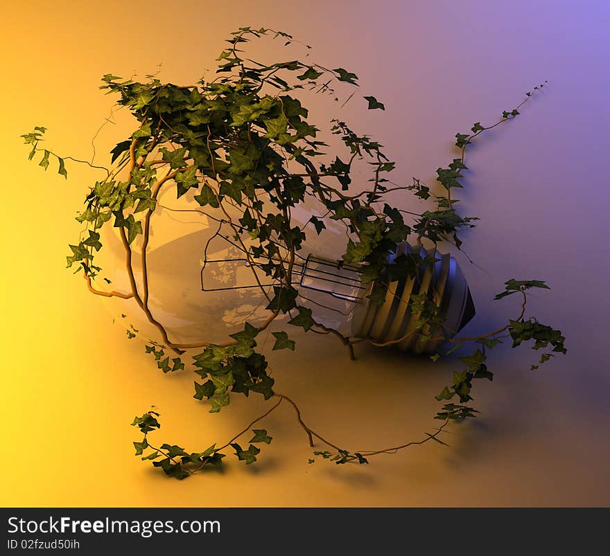 Light Bulb covered with green ivy plant, entire image is in focus. blue light from the right side of the image, yellow light from the left side. concept for environment friendly energy.