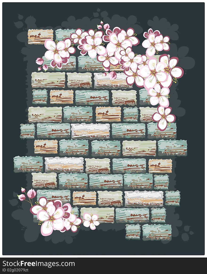 Cherry Flowers With Brick Wall