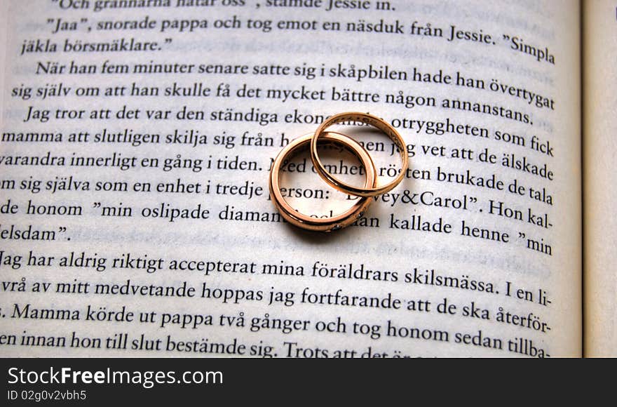 Two golden wedding ring sin a book´s centrefold. Two golden wedding ring sin a book´s centrefold.