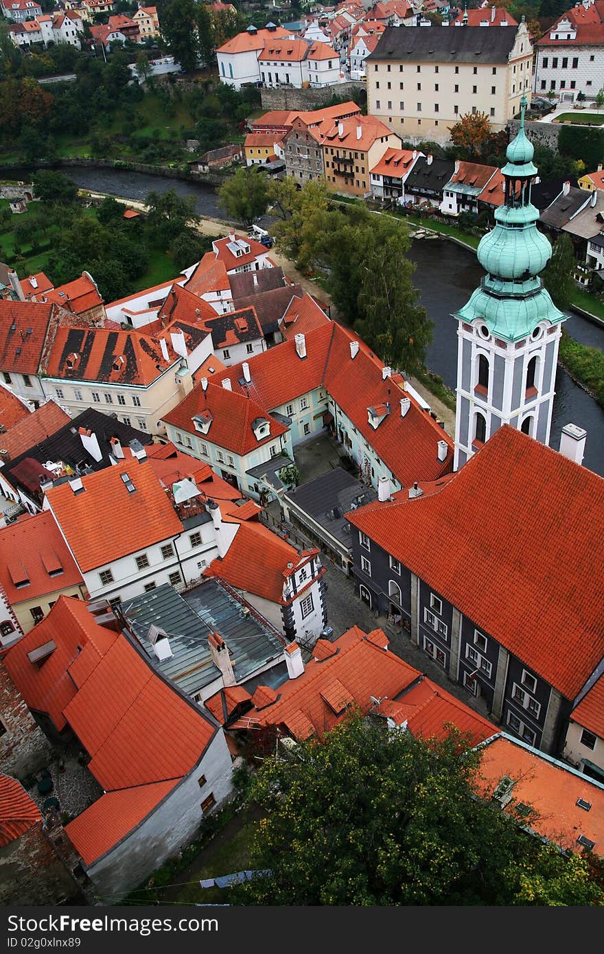 Bird's eye view of red roofs in Cesky Krumlov, Czech. Bird's eye view of red roofs in Cesky Krumlov, Czech